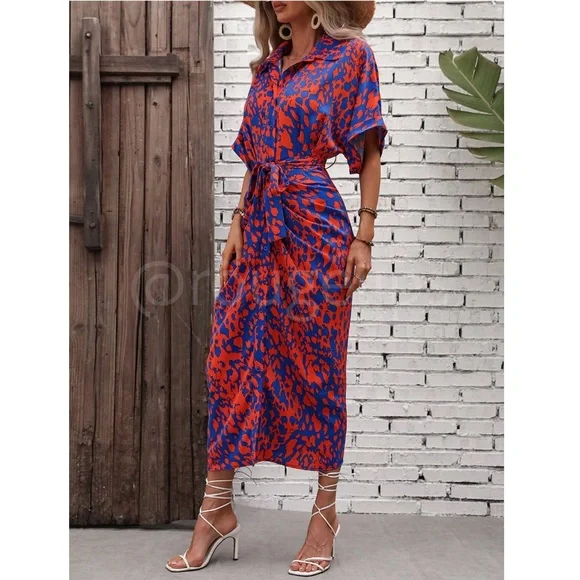 Spotted All Over Print Button Through Tie Belt Ruched Maxi Shirt Dress - Picture 5 of 11